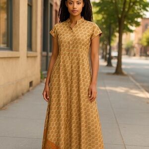 Women’s Boho Silk Maxi Tunic Dress Gold Tan resort wear Vacation Summer OS